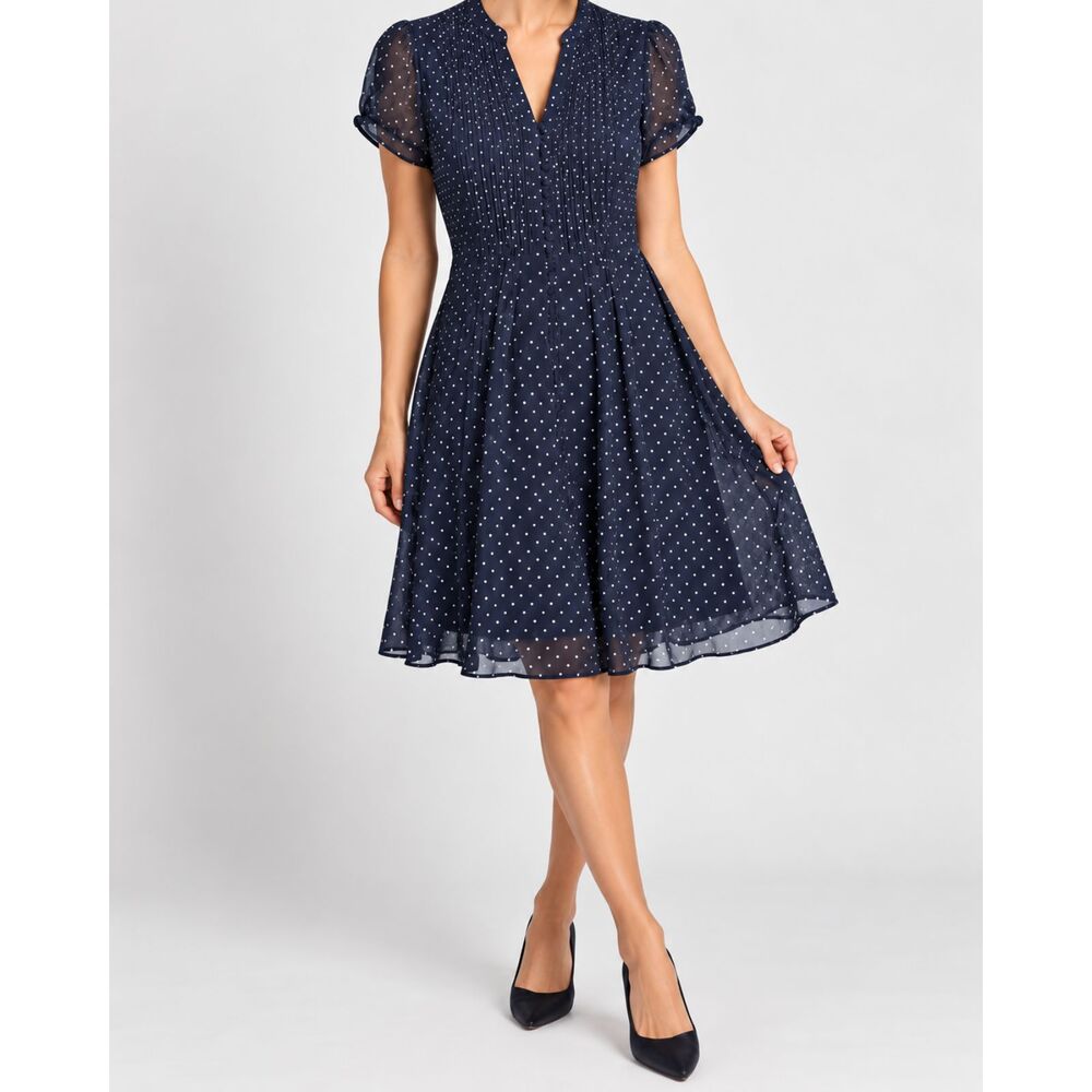DressBarn Navy Polka Dot Chiffon Knee Length Dress Pintuck Button Front Size 4